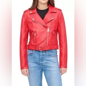 NWT LEVI’S Women's Red Faux-Leather Belted Hem Moto Jacket Sz Large